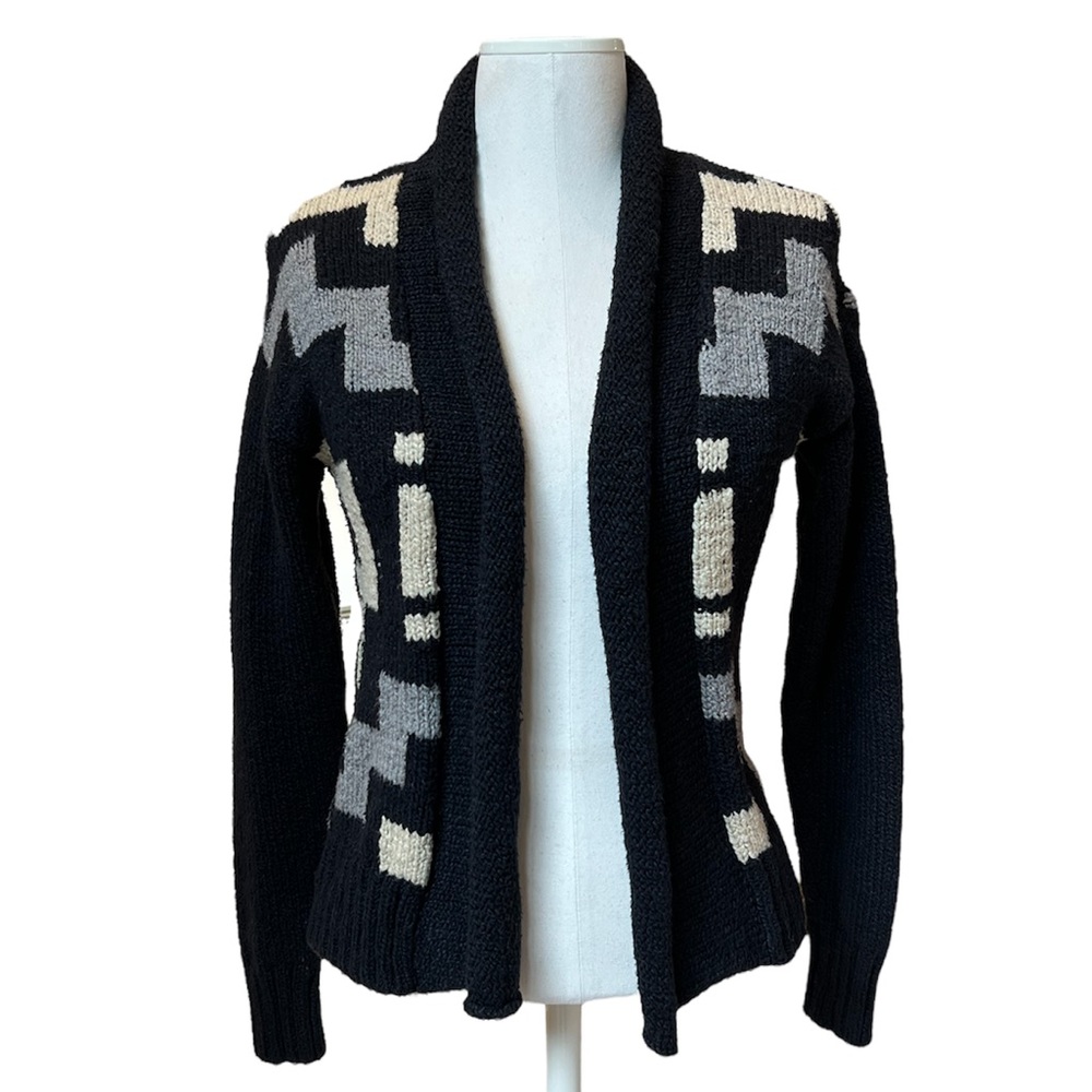Ralph Lauren Black Cream Gray Intarsia Geometric Cotton Cardigan